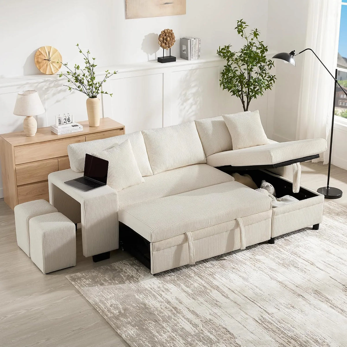 Canapé d'angle et canapé panoramique — revêtement en tissu, avec rangement, avec étagères, convertible, 3 places, beige, avec fonction couchage