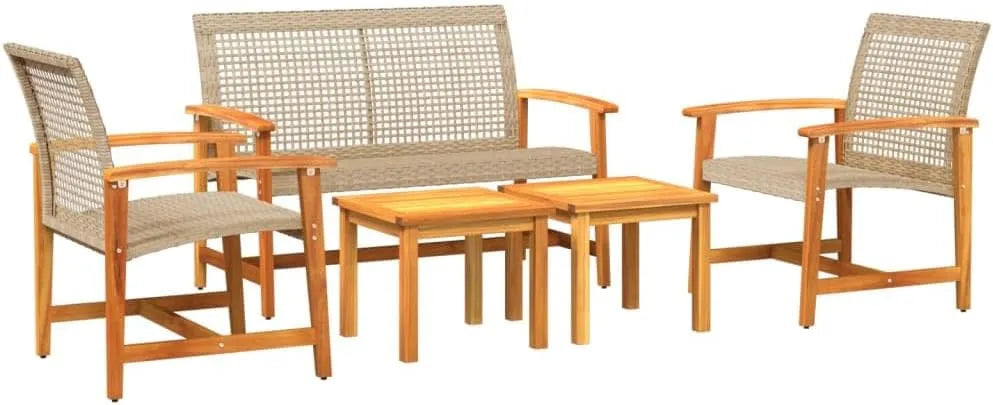 Salon de jardin et ensemble lounge – en bois, avec dossier, 5 pièces, beige
