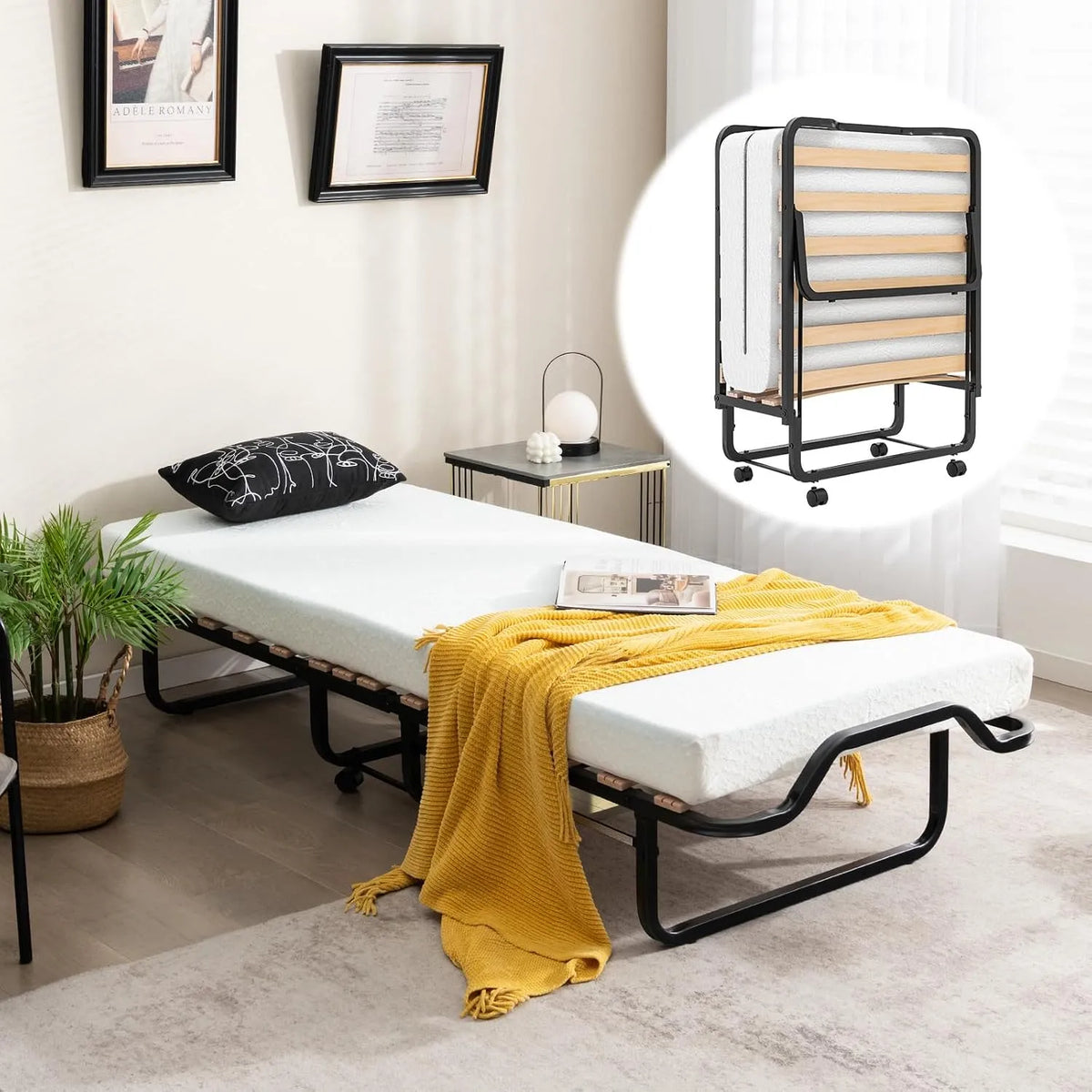 COSTWAY Lit Pliant 1 Personne Adulte 78 x 199 cm: en bois, pliable, avec roulettes, 78 × 199 cm, 10 cm, 220 kg, blanc, revêtement en tissu