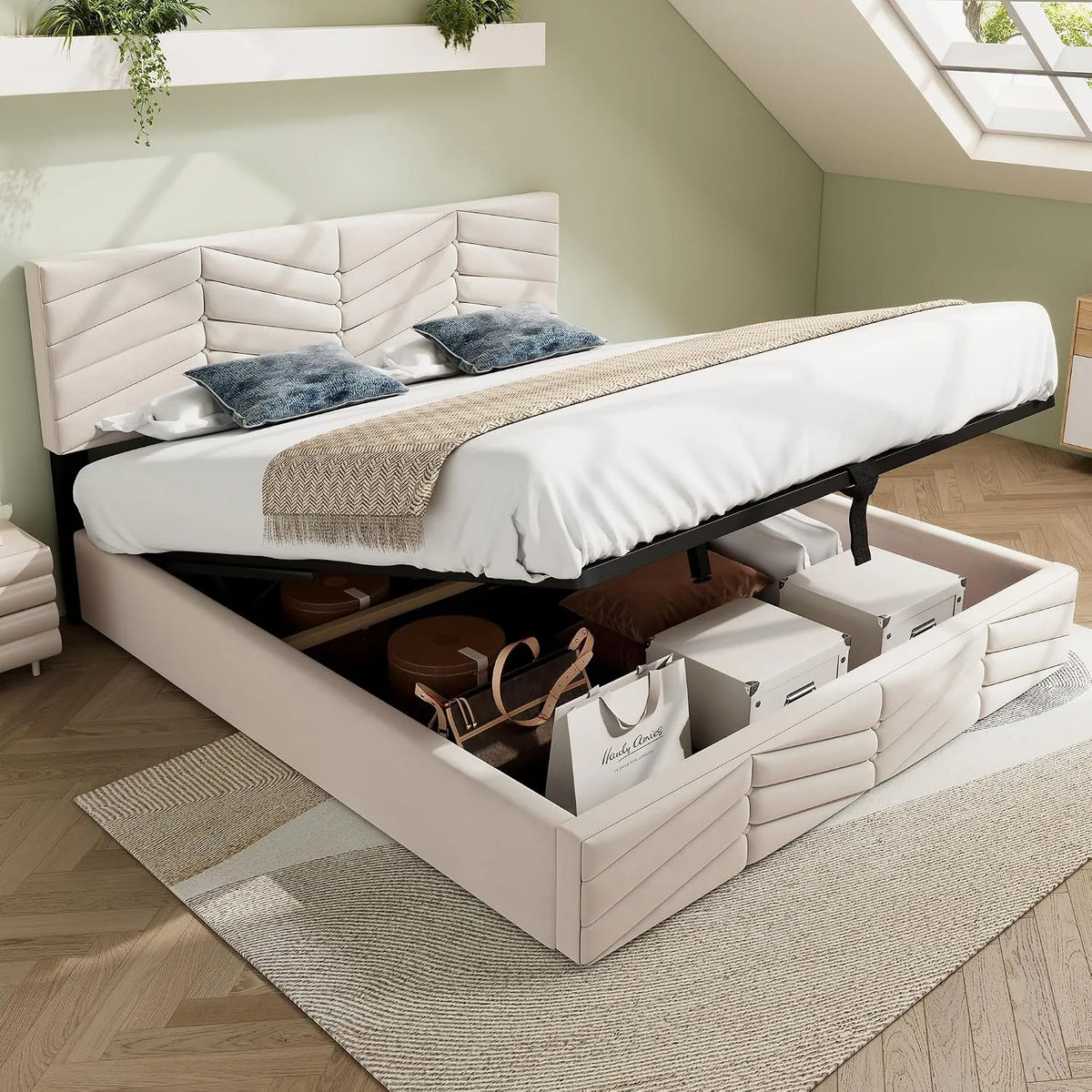 Lit rembourré et cadre de lit tapissé: en velours côtelé, avec rangement, réglable, 180 × 200 cm, beige, avec rangement intégré, revêtement en tissu