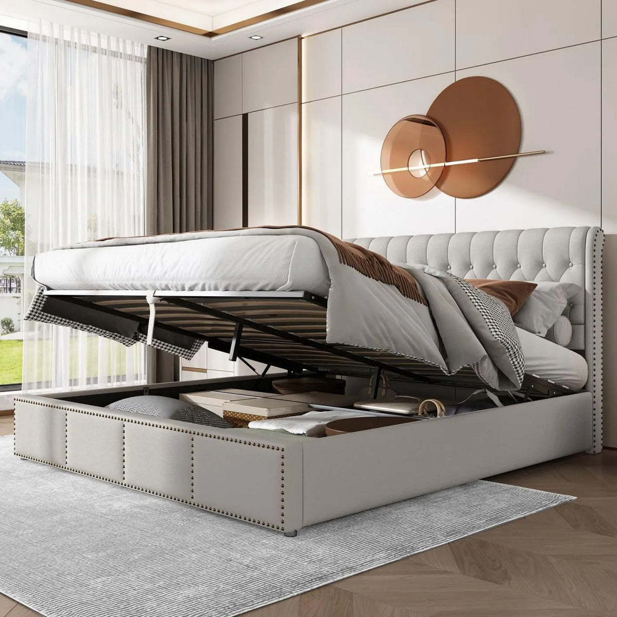 Sweiko Lit Double rembourré Adulte 160 x 200 cm avec — avec dossier, 160 × 200 cm, gris, revêtement en tissu
