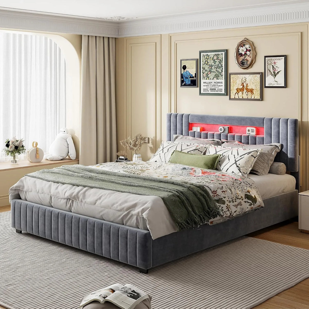 Lit rembourré et cadre de lit tapissé – avec rangement, affichage LED, 160 × 200 cm, gris, revêtement en velours, revêtement en tissu