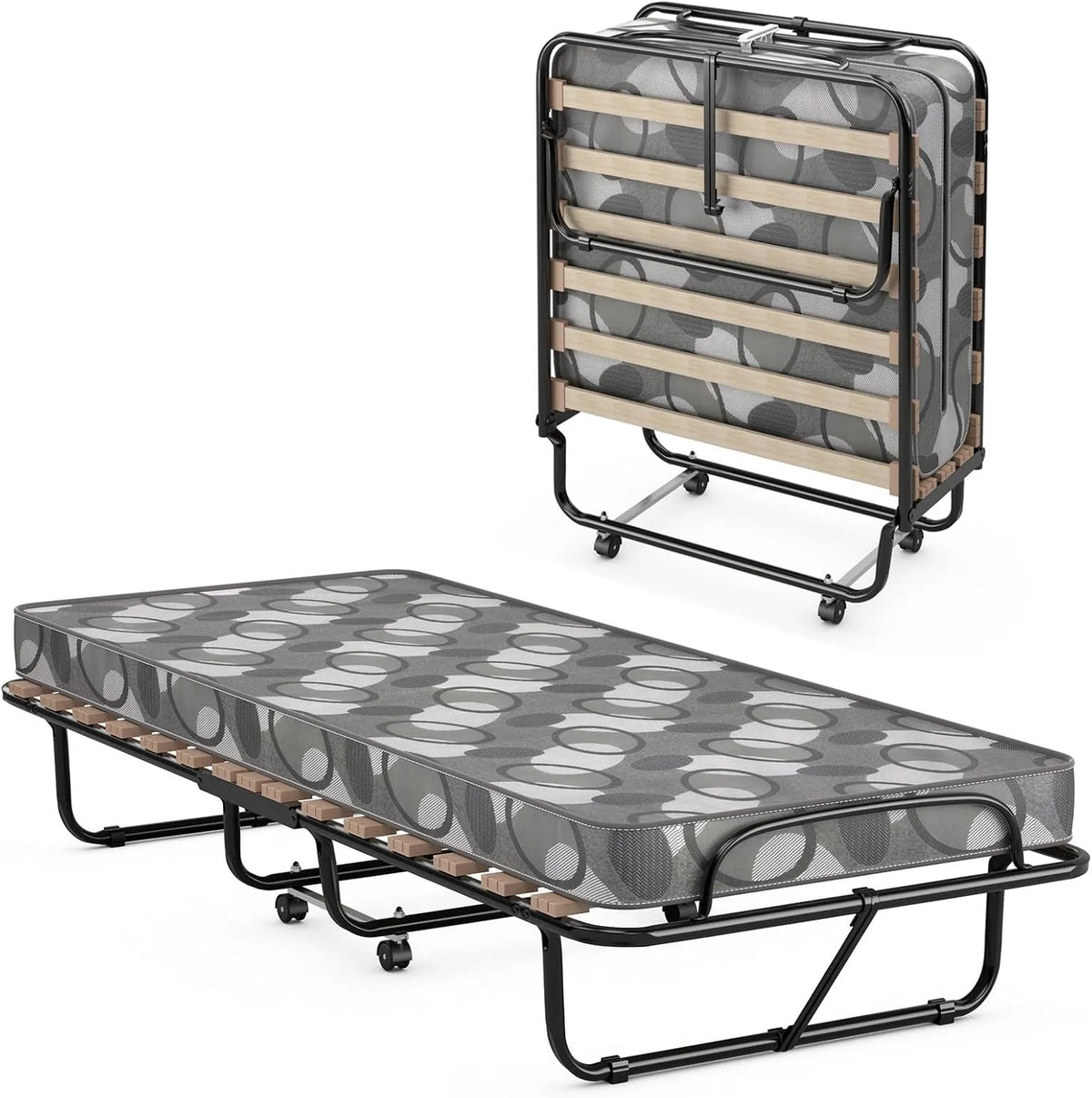 COSTWAY Lit Pliant 1 Personne Adulte 190 x 80 cm avec: en bois, pliable, avec roulettes, 190 × 80 cm, 6, 5 cm, 130 kg, gris, revêtement en tissu