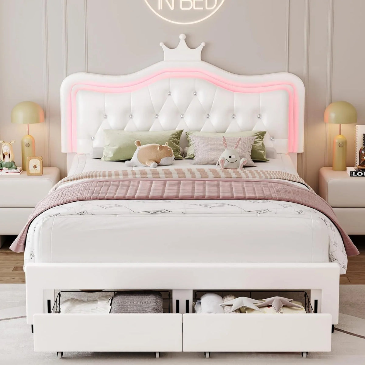 Générique Lit 2 Place Enfant Fille 140 x 200 cm – pour enfant, en cuir, avec tiroirs, réglable, 2 tiroirs, 140 × 200 cm, blanc, hauteur réglable