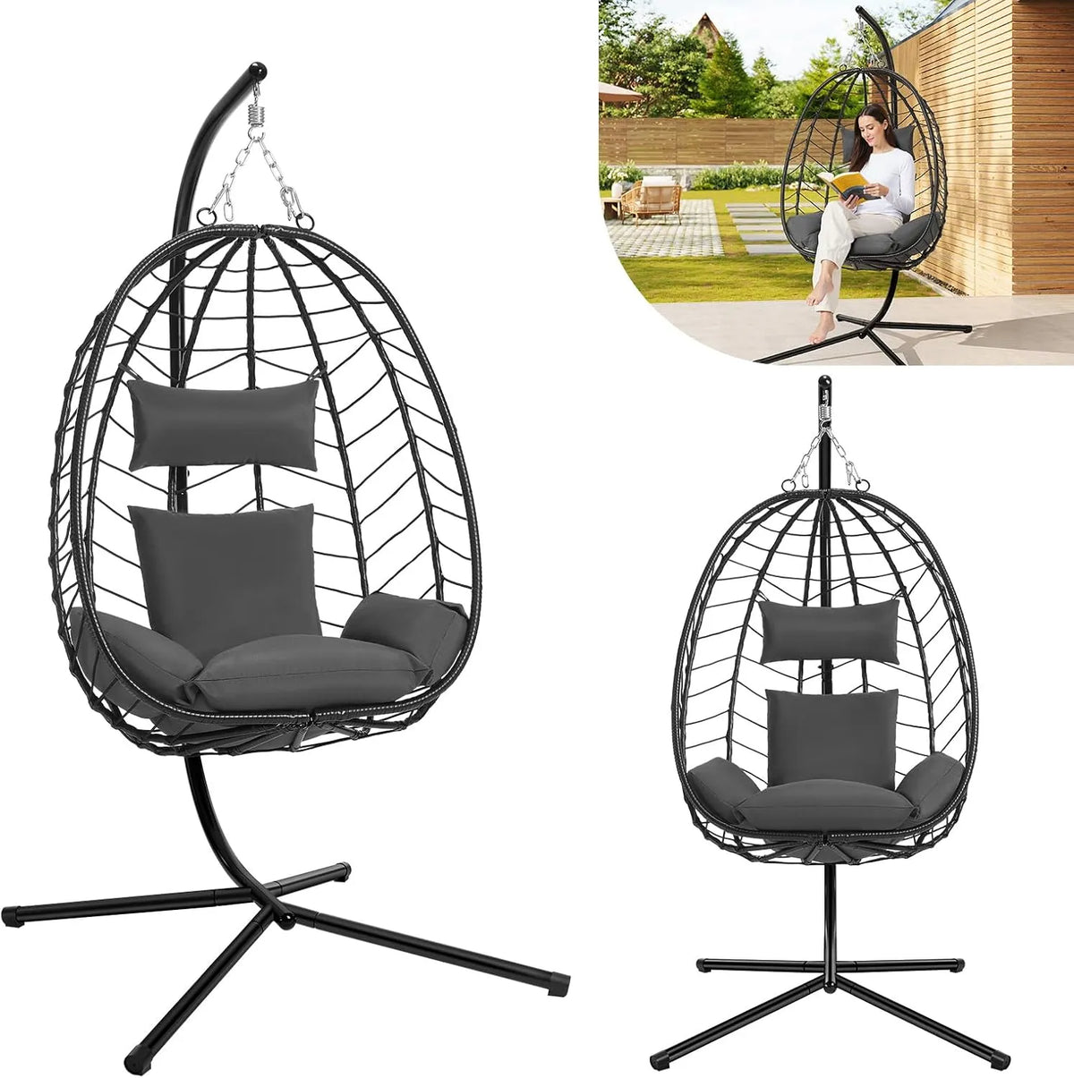 Fauteuil Suspendu en Rotin PE avec Support Métallique, Coussin et Appui-tête, Capacité 150kg, pour Extérieur, Gris Foncé