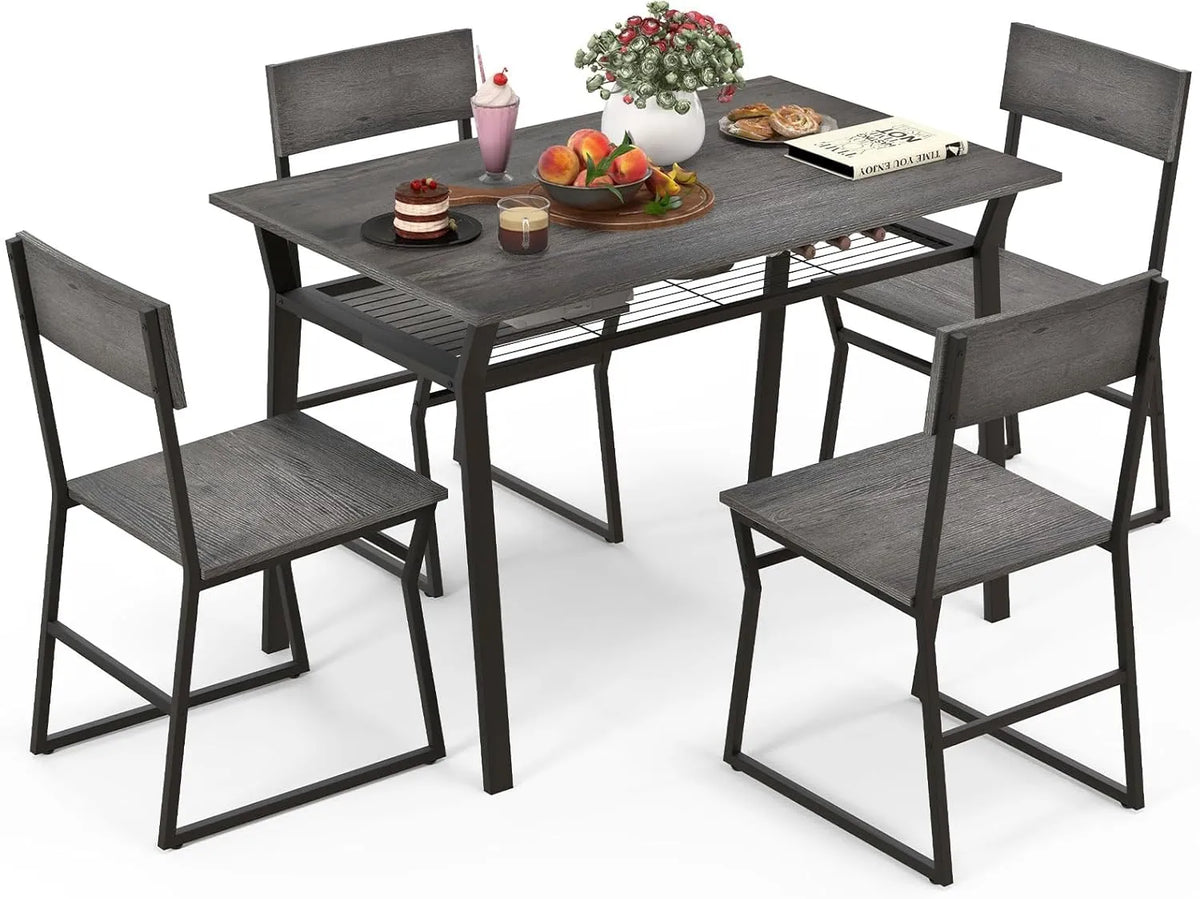 Ensemble Table à Manger Rectangulaire avec 4 Chaises en Métal Noir et Étagère, 110x70cm, Gris