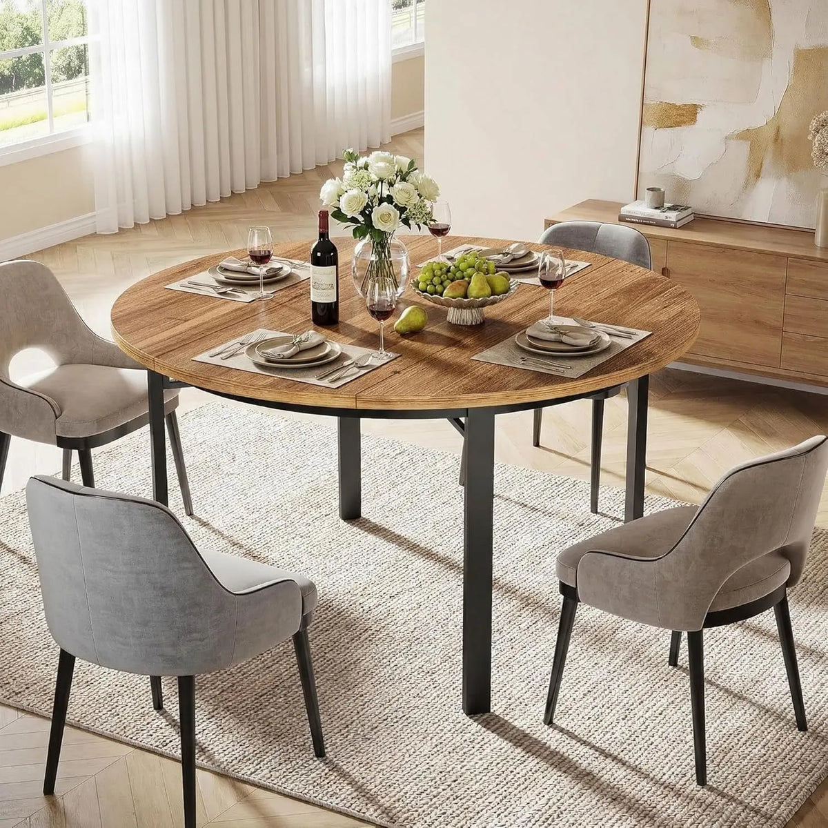 Table à Manger Ronde 120cm en Bois avec Pieds en Métal pour 4-6 Personnes - Idéale pour Salle à Manger et Cuisine
