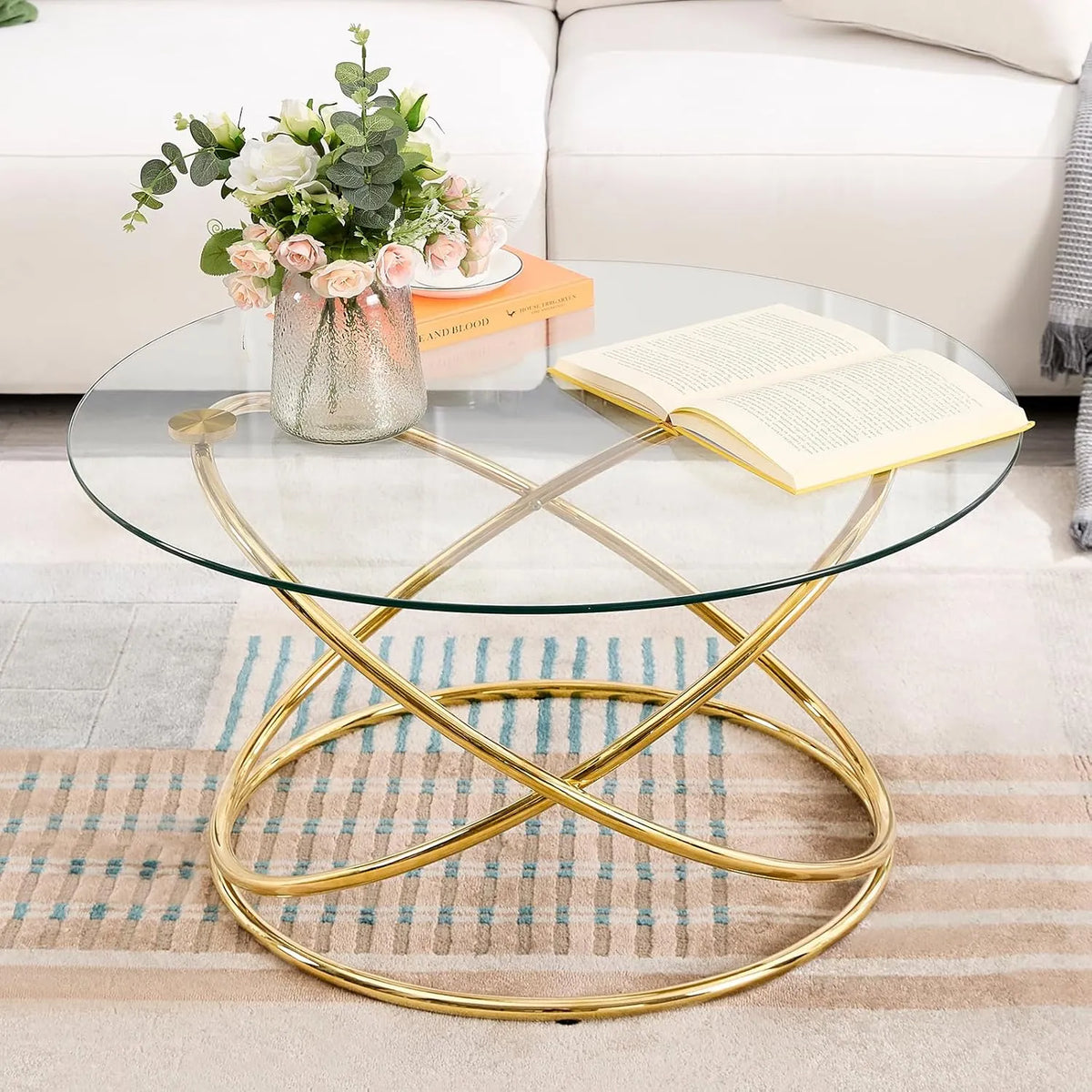 Table basse ronde en verre avec pieds dorés pour salon et bureau