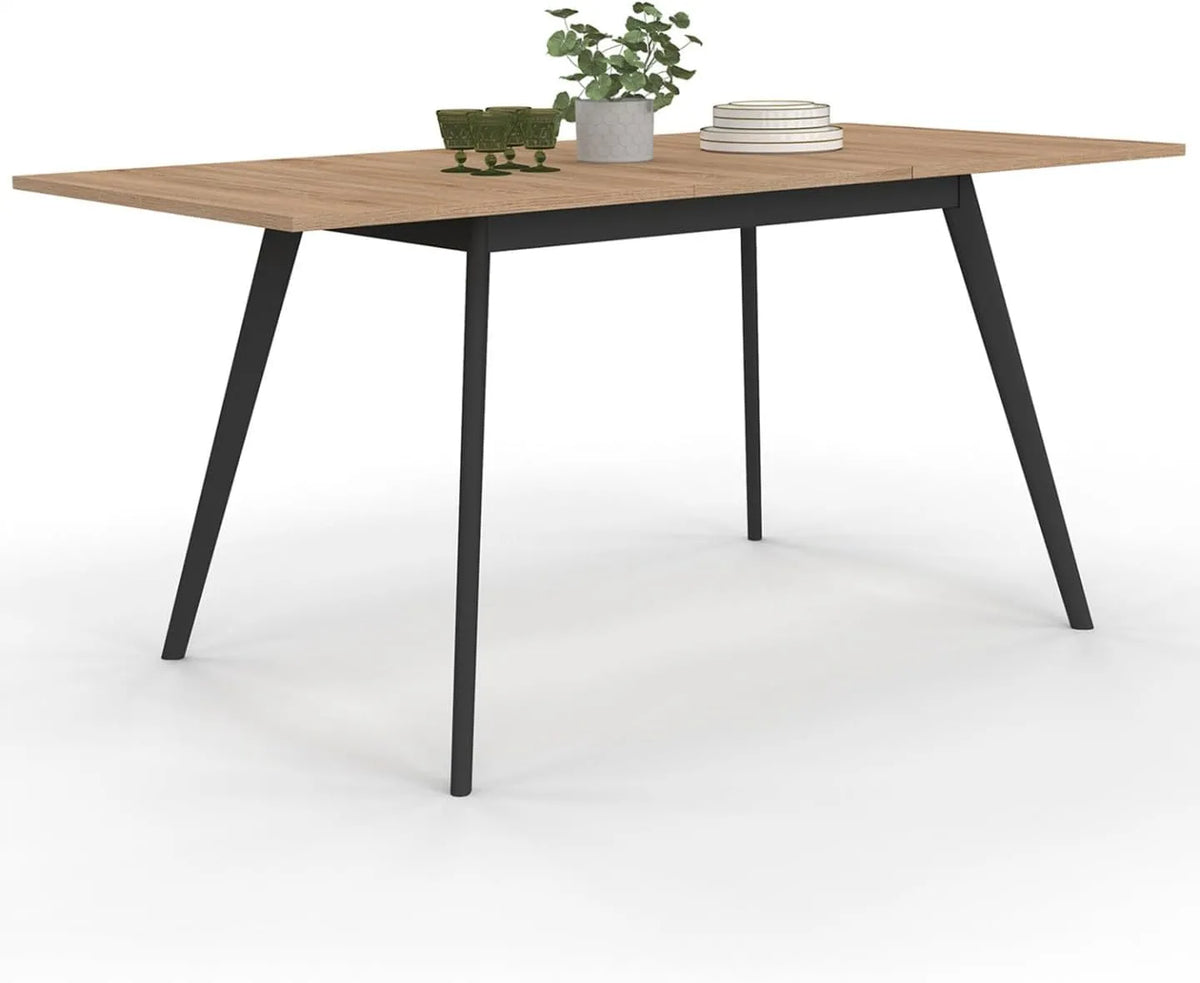 Table à Manger Extensible Inga 4-8 Personnes, Style Scandinave, Plateau en Bois et Pieds Noirs, 120-160 cm