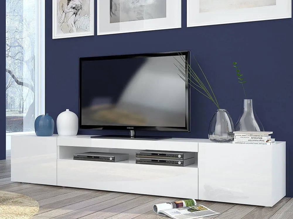 Meuble TV Blanc Laqué avec Portes Abattantes, 200 cm