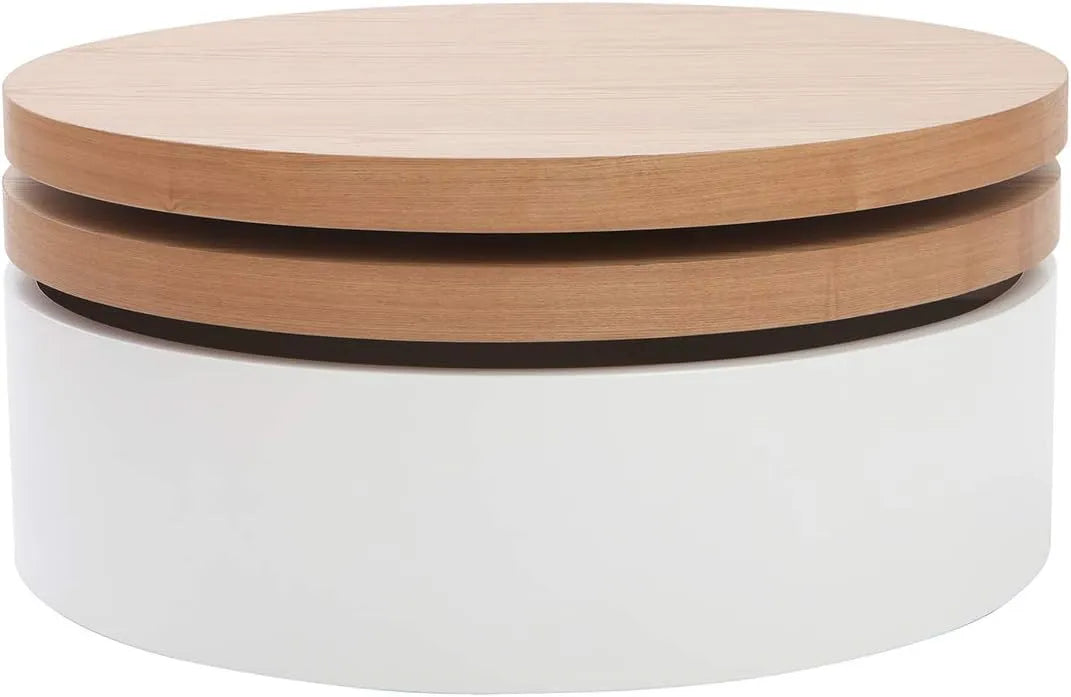Table Basse Ronde Miliboo avec Rangement Pivotant Blanc et Chêne Clair D80 cm