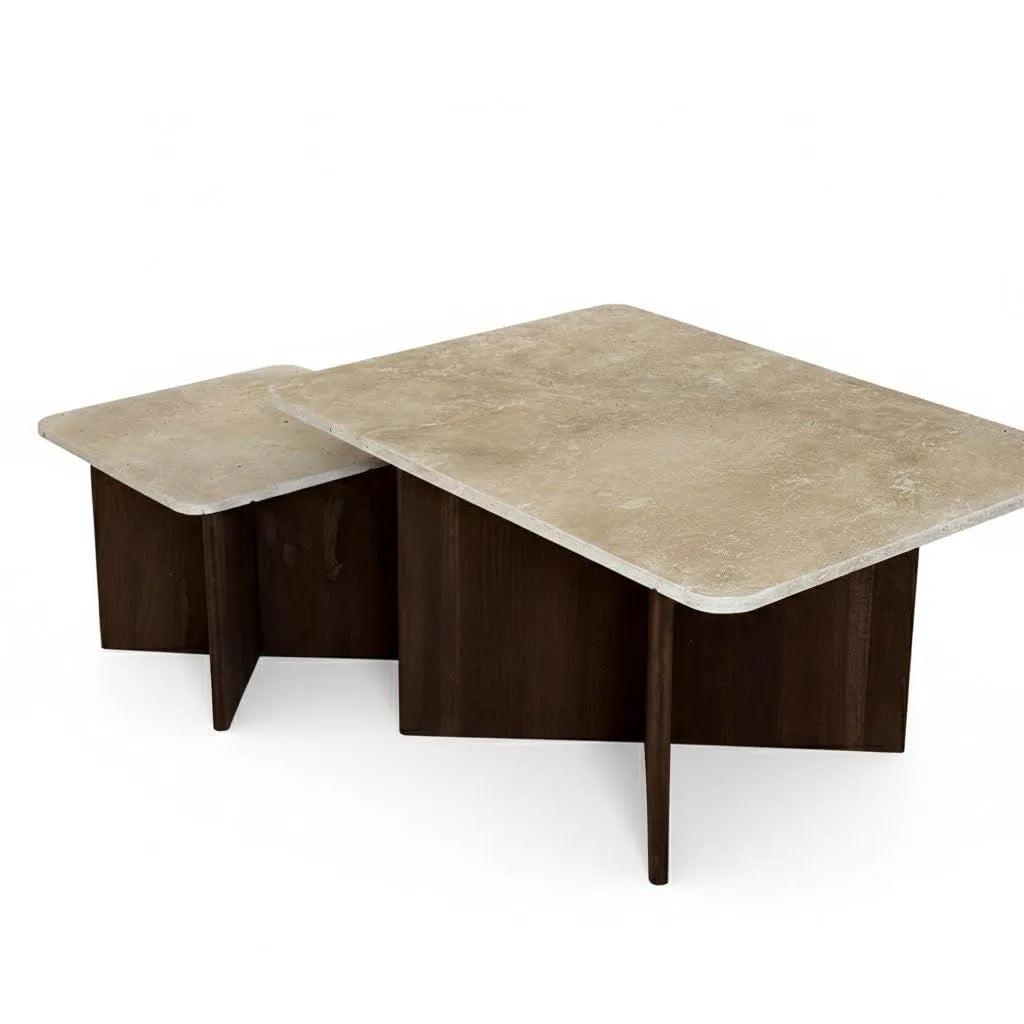Table basse en travertin véritable et bois de chêne foncé, modèle X avec rallonge, 60x40cm