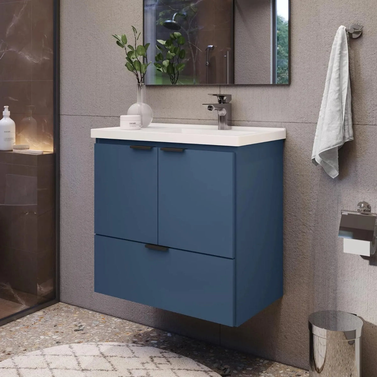 COZIMAX Meuble de Salle de Bain Flottant 61 cm Bleu avec Lavabo en Marbre et Porte Soft-Close
