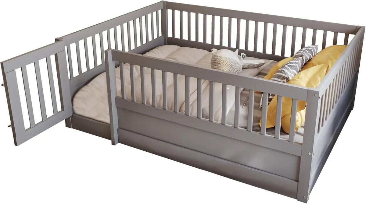 Lit Enfant Montessori 140x200 cm avec Barrière, Cadre en Bois Massif, Coloris Gris