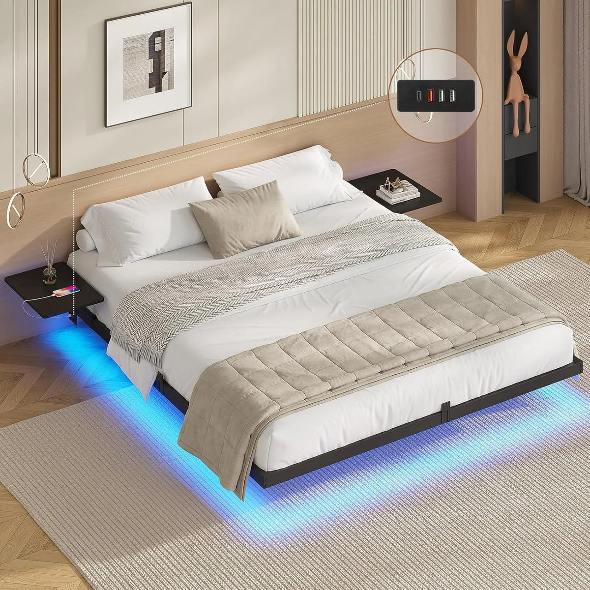 Lit Double avec Étagères, Cadre 180x200 cm, Sommier Métallique, Multiprise et LED, Espace de Rangement 24 cm, Noir