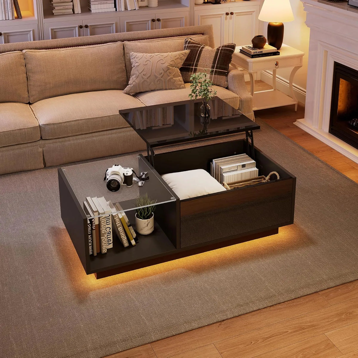 Table basse moderne avec LED, rangement secret et plateau ajustable, MDF noir 100x50x33 cm