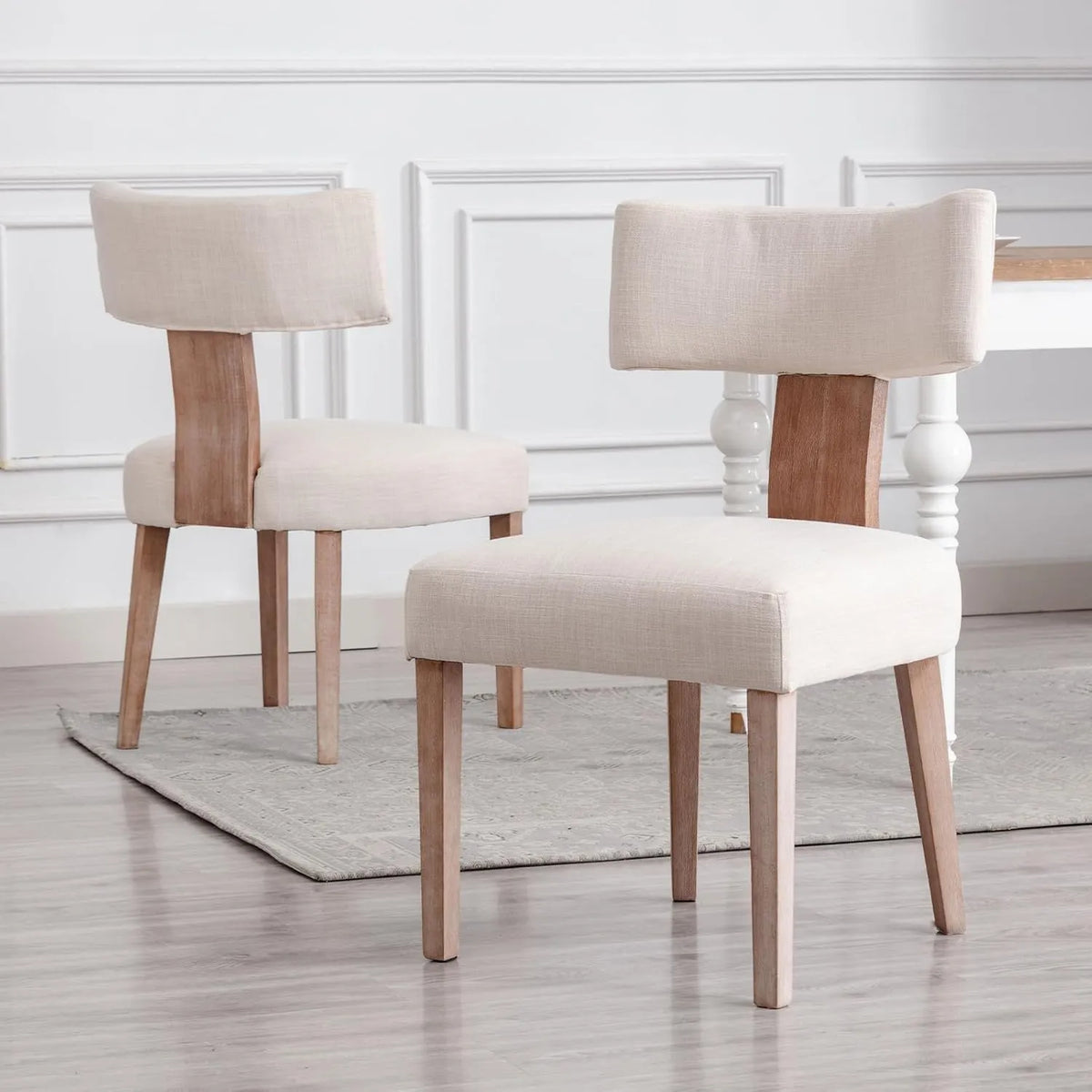 Lot de 2 Chaises de Salle à Manger en Lin Beige avec Pieds en Bois, Sans Accoudoirs