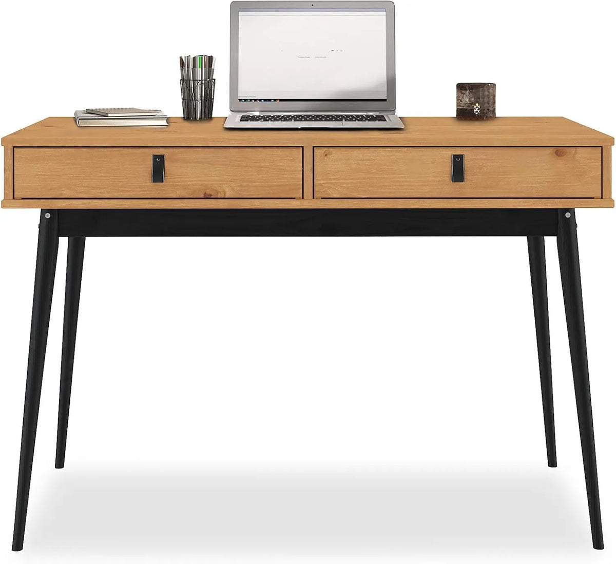 Bureau en Bois Massif Wanda avec Tiroirs, Chêne et Noir, Design Moderne