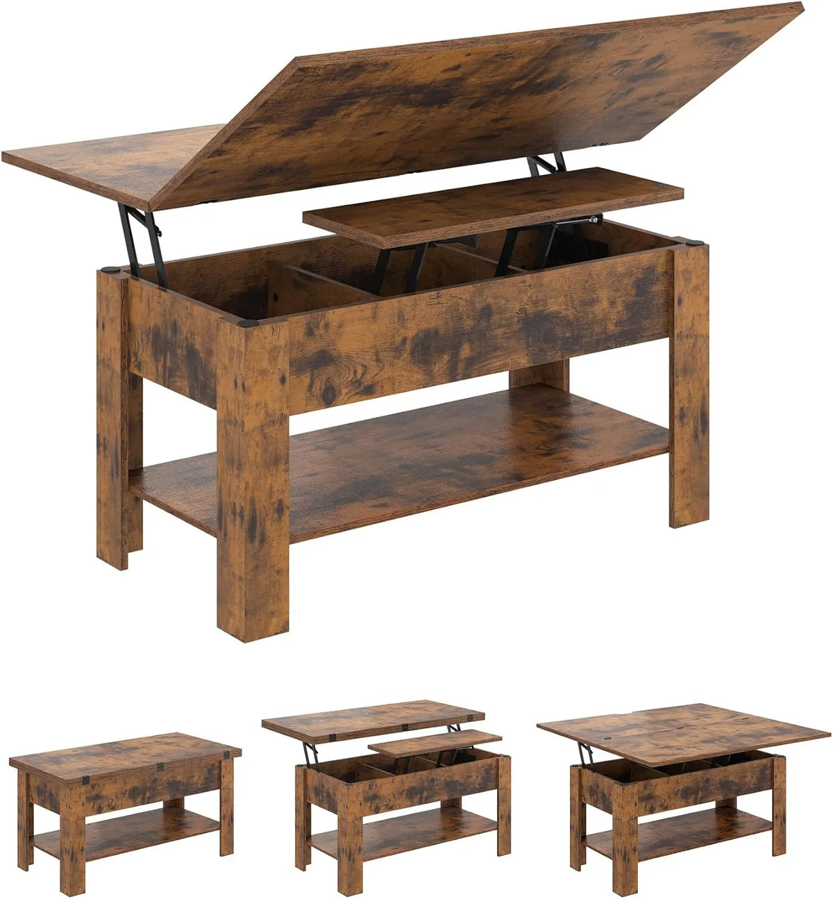 Table Basse Multifonction 3 en 1 avec Rangement, Table Relevable et Pliante pour Salon et Bureau, Marron