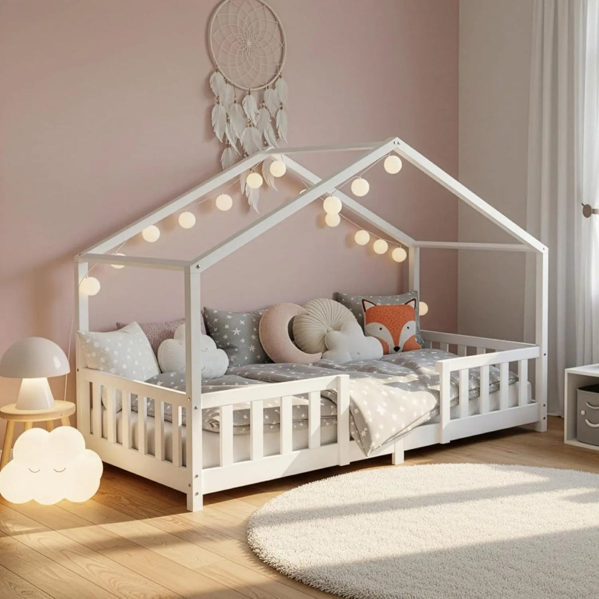 Lit Enfant Maison avec Barrière de Protection, Solide, 100 kg, Bois de Pin, 200x90 cm, Blanc Laqué