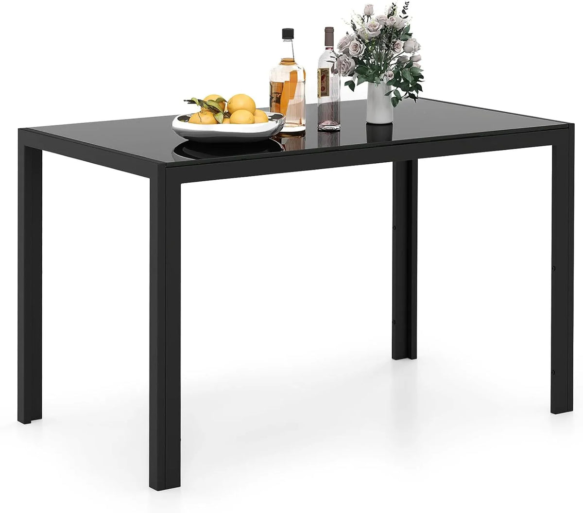 Table de Salle à Manger Moderne en Verre 120 cm pour 4 Personnes, Structure Métallique Solide, Noire