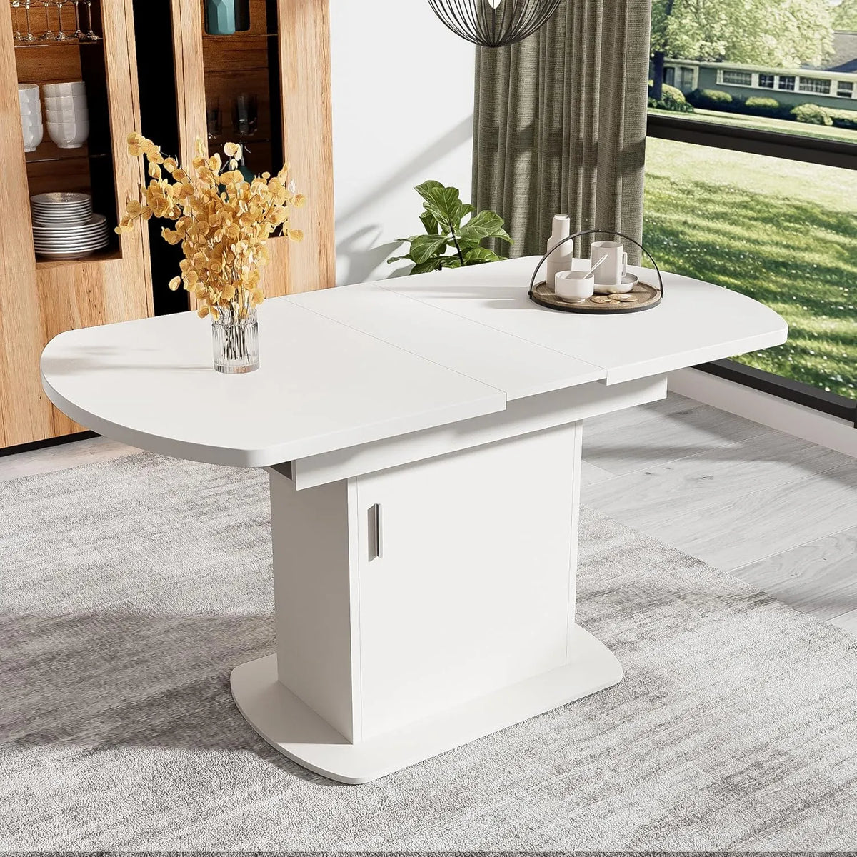 Table Extensible Moderne avec Rangement pour Salle à Manger, Cuisine, Blanche avec Poignée Argentée, 110/130 x 70 x 75 cm