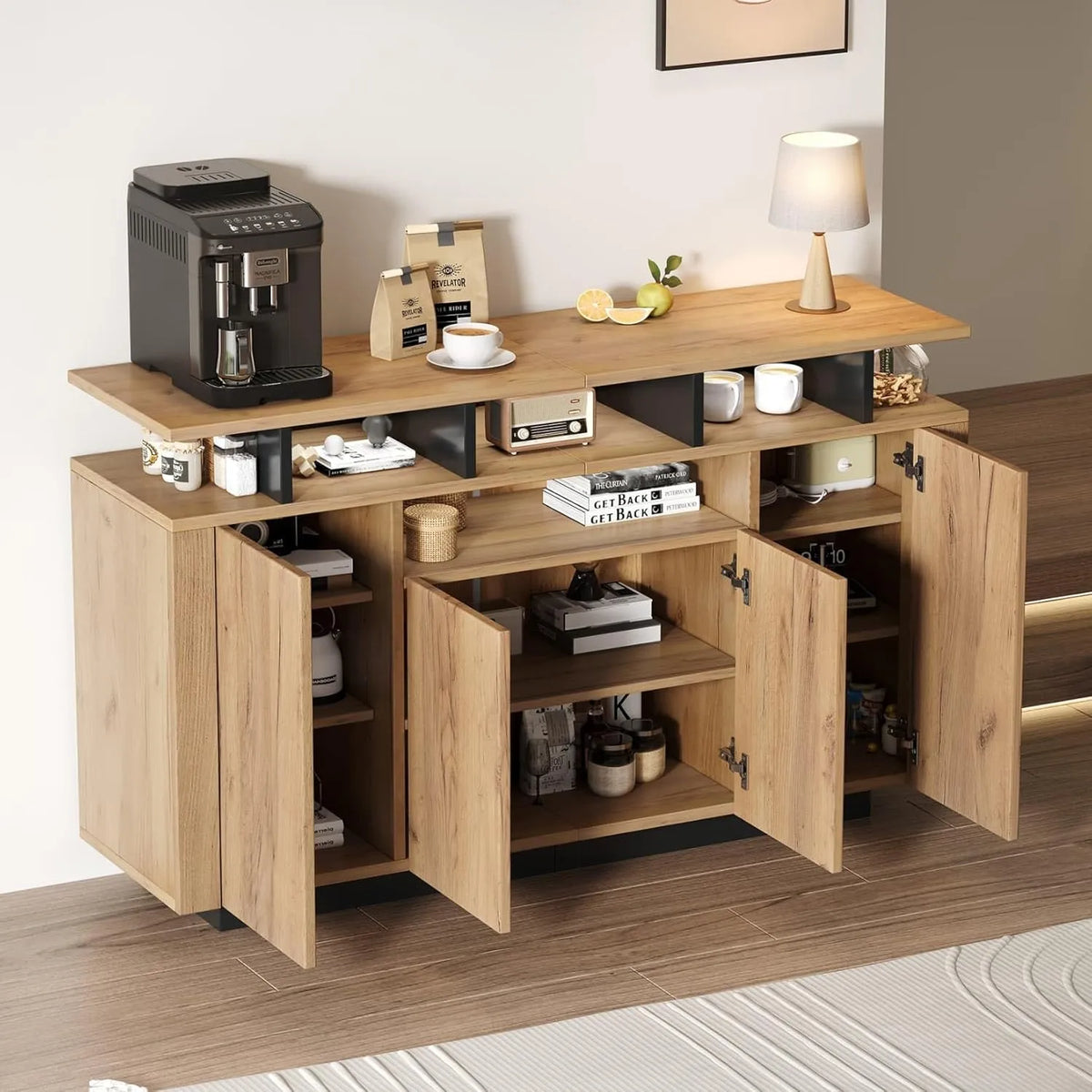 Buffet de Rangement avec Étagères et Portes, 120x40x85cm, Style Naturel pour Cuisine ou Bureau
