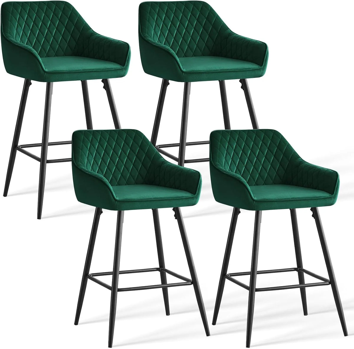 Ensemble de 4 Tabourets de Bar en Velours Vert avec Dossier et Repose-Pieds Métallique