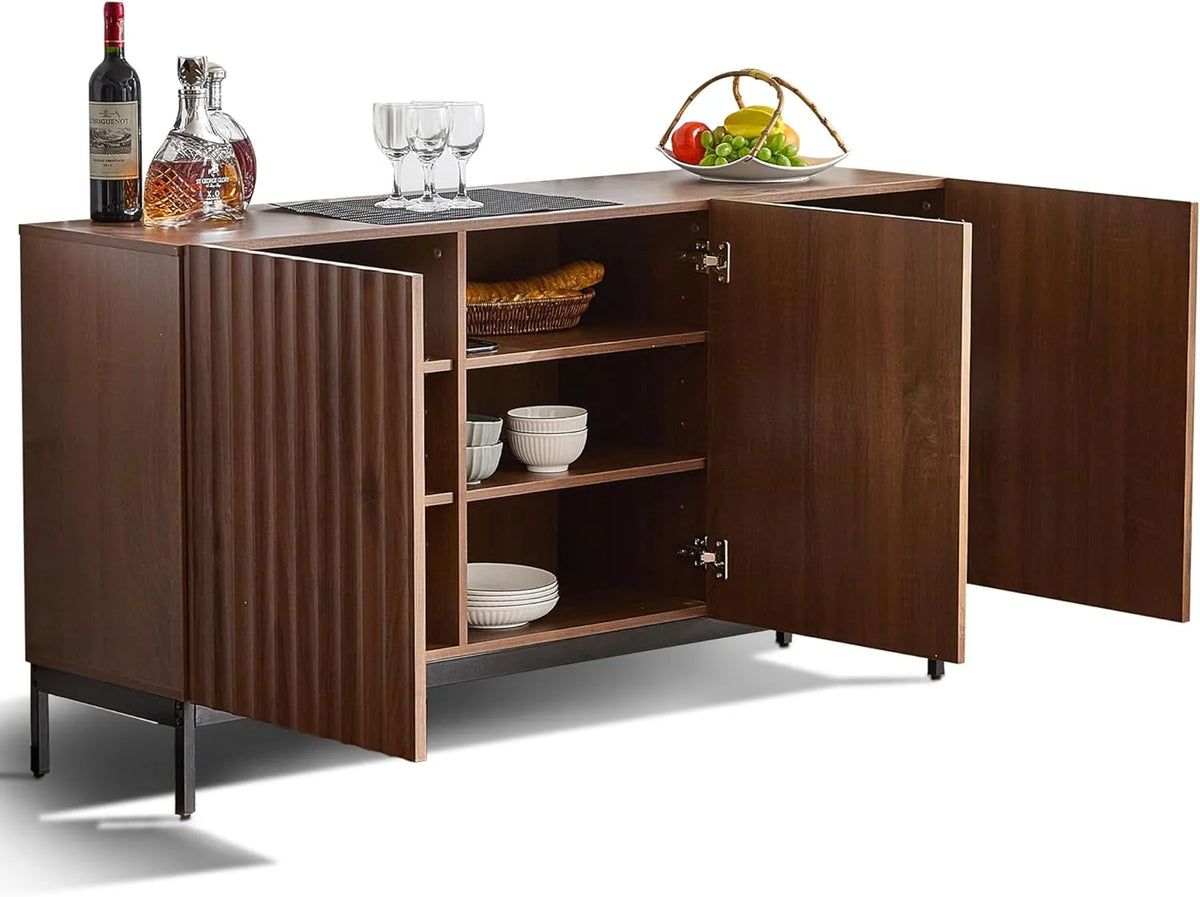 Buffet moderne chêne foncé 150 cm, 3 portes, design ondulé 3D, étagères réglables - Salon et salle à manger