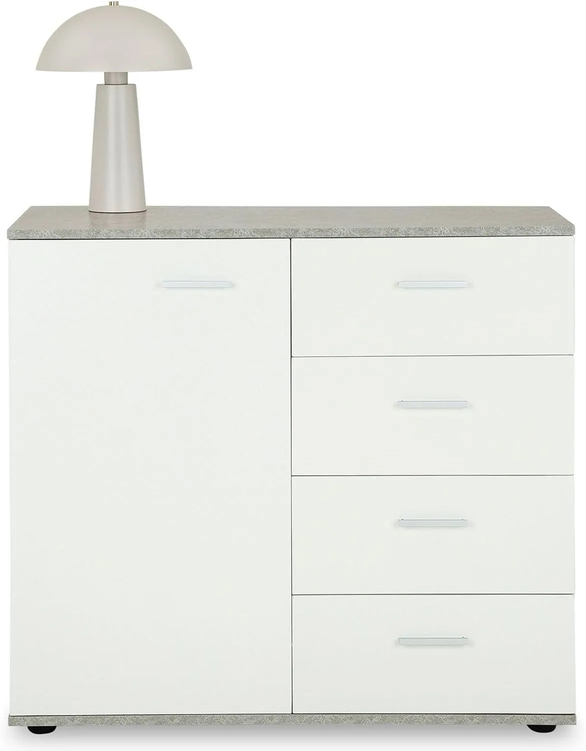Buffet de Rangement Chicago, 91 cm, Bois Effet Béton et Blanc, 4 Tiroirs et 1 Porte, Meuble pour Cuisine ou Salle à Manger