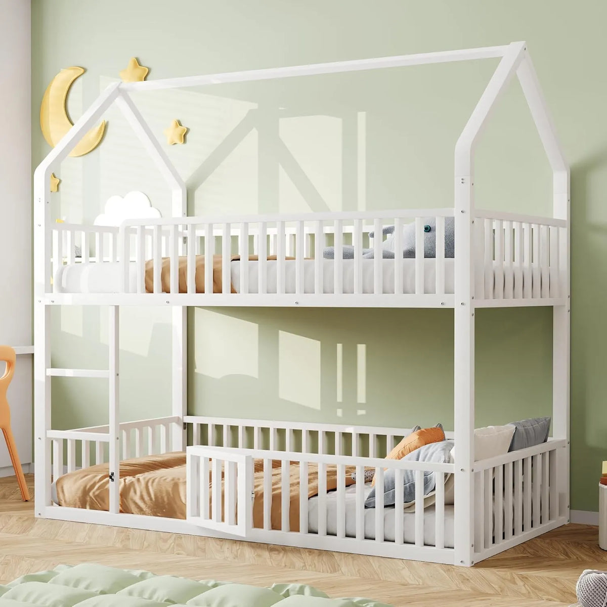 Lit superposé enfant 90x200 cm, métal, avec escalier, design maison, porte ouvrante, blanc