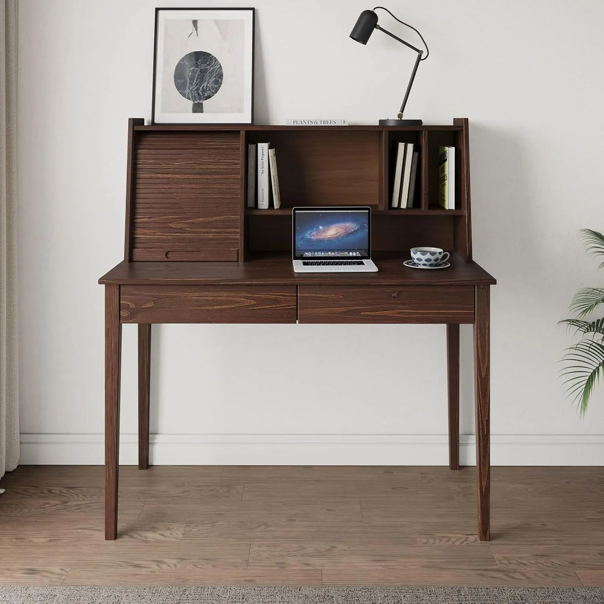 Bureau Secrétaire Alisa en Bois Massif avec Rangement Compact, Noyer