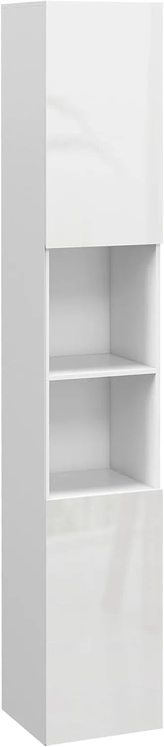 Armoire Haute de Salle de Bain kleankin, Finition Brillante, Étagères Ajustables, 2 Placards et Niches, 30x30x181,5 cm, Blanc