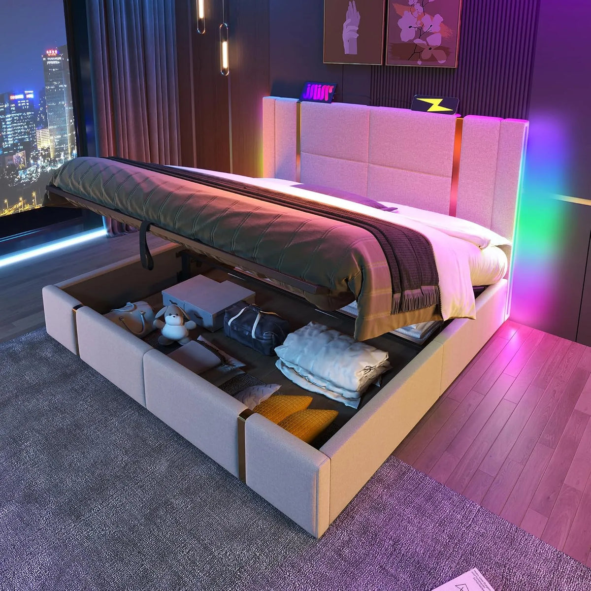 Cadre de Lit 180x200 cm avec Rangement et LED, Chargeur USB Type-C, Tissu Lin Beige