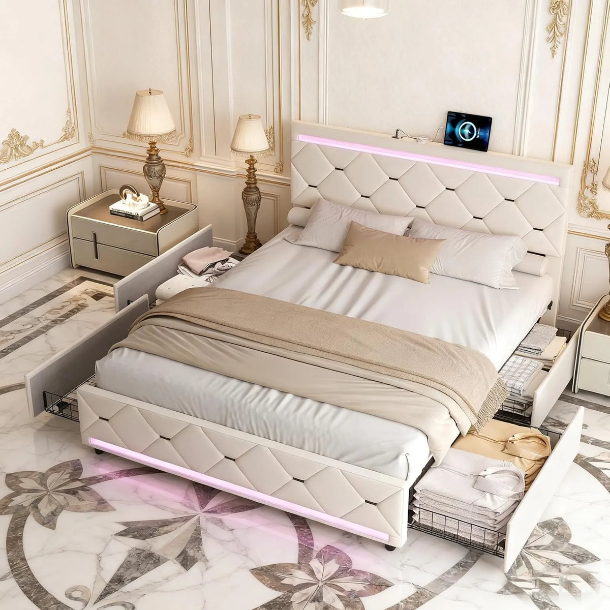 Lit double en velours beige avec tête de lit LED et ports USB, 140 x 200 cm, 4 tiroirs de rangement intégrés, design moderne pour adultes et adolescents, sans matelas