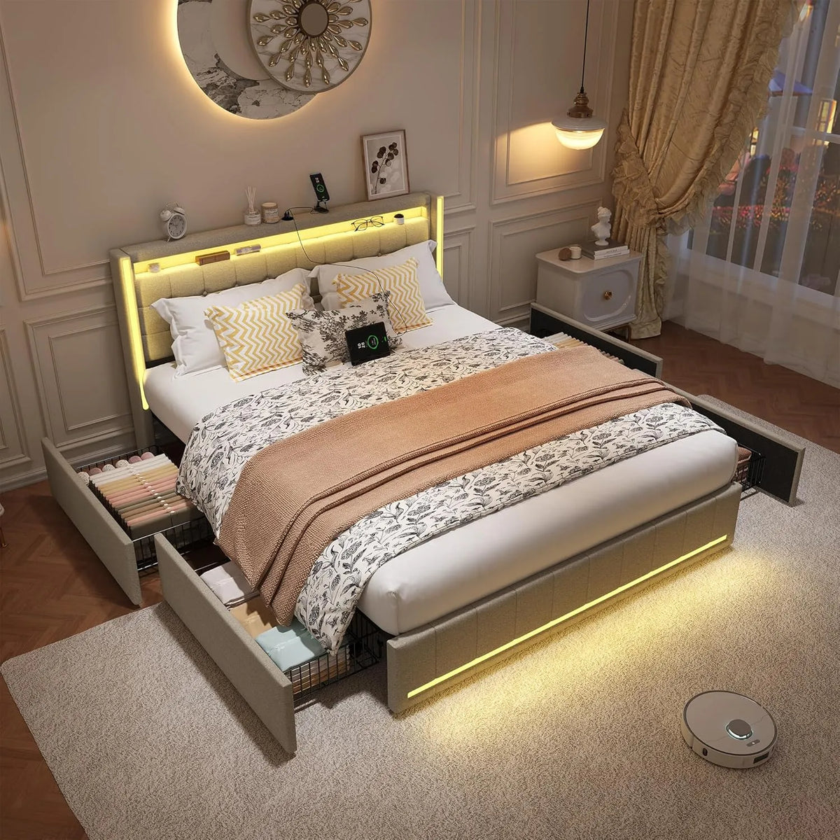 LIVLUX Lit Double avec LED, Port USB et 4 Tiroirs de Rangement, Sommier à Lattes - 160x200 cm, Beige