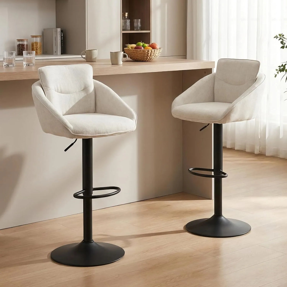 Chaises de Bar Réglables en Lin - Lot de 2 avec Repose-Pieds, Beige