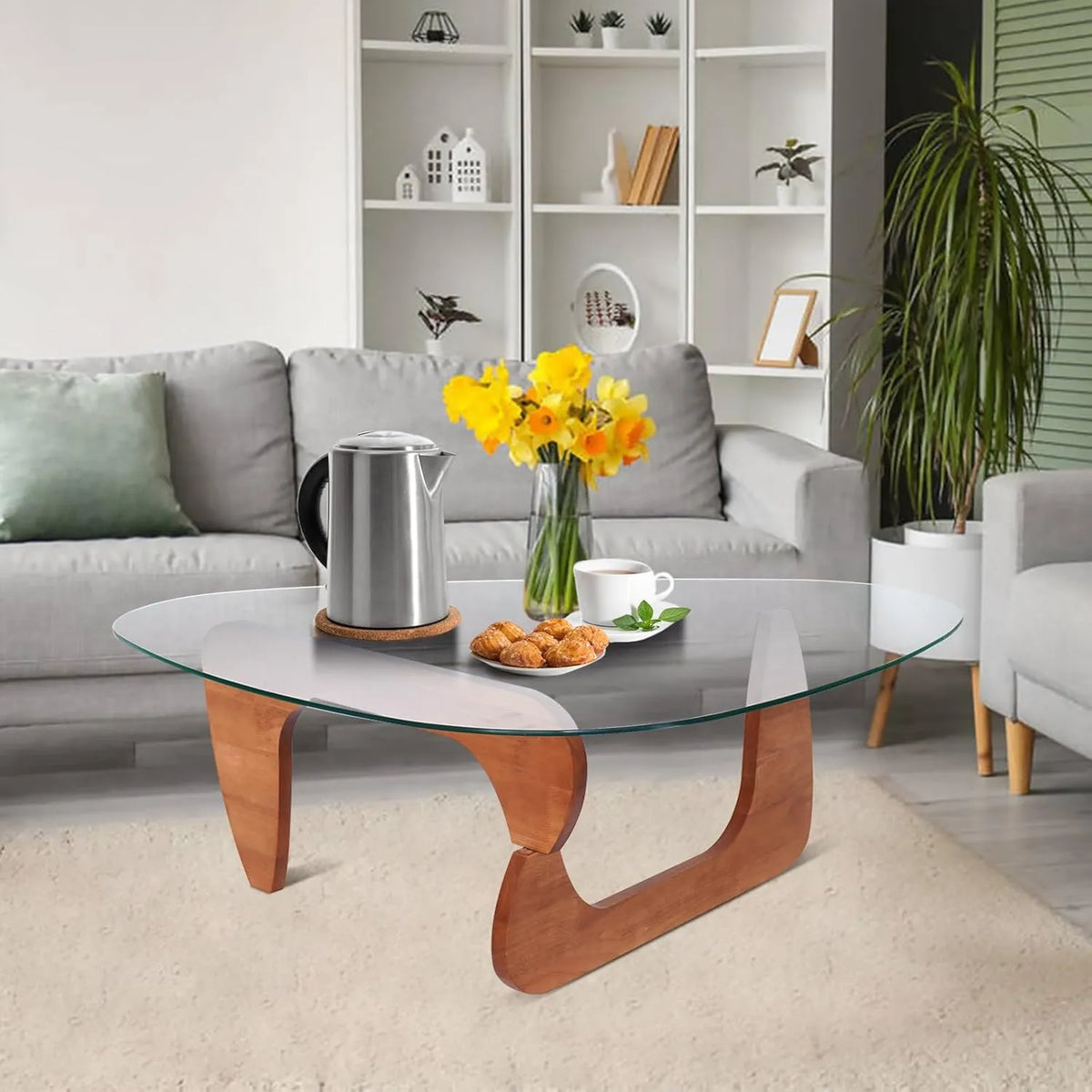 Table basse ovale en verre moderne avec base en bois naturel, finition noyer clair, pour salon, 82 x 57 x 40 cm