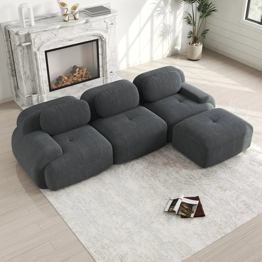 Canapé d'angle convertible en velours côtelé gris, modulable 2 à 4 places avec accoudoirs et repose-pieds