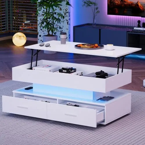 Table Basse Hydraulique avec LED et Bluetooth, 2 Tiroirs, Blanc