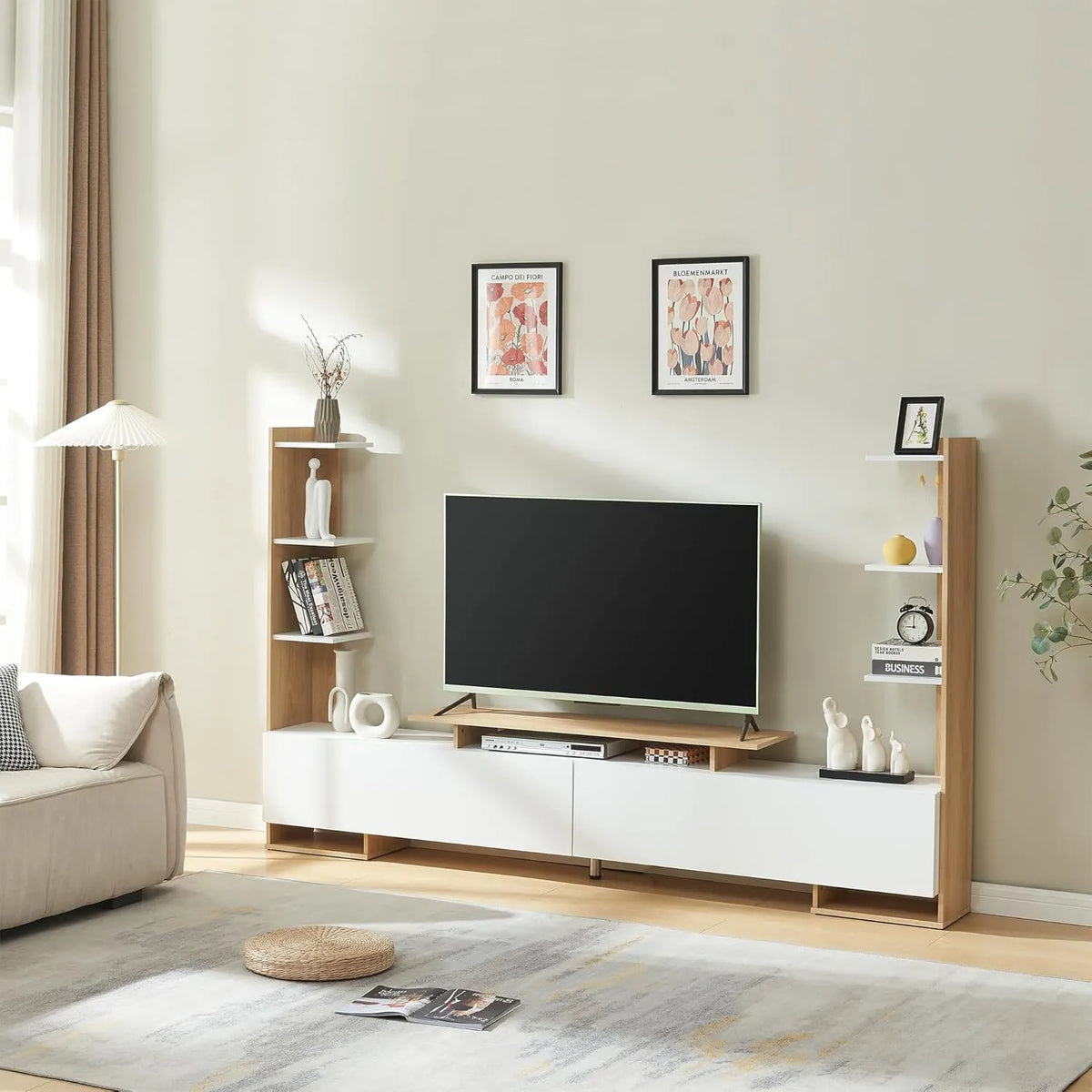 Meuble TV Blanc Effet Chêne avec Étagères et Rangement, Design Scandinave Moderne