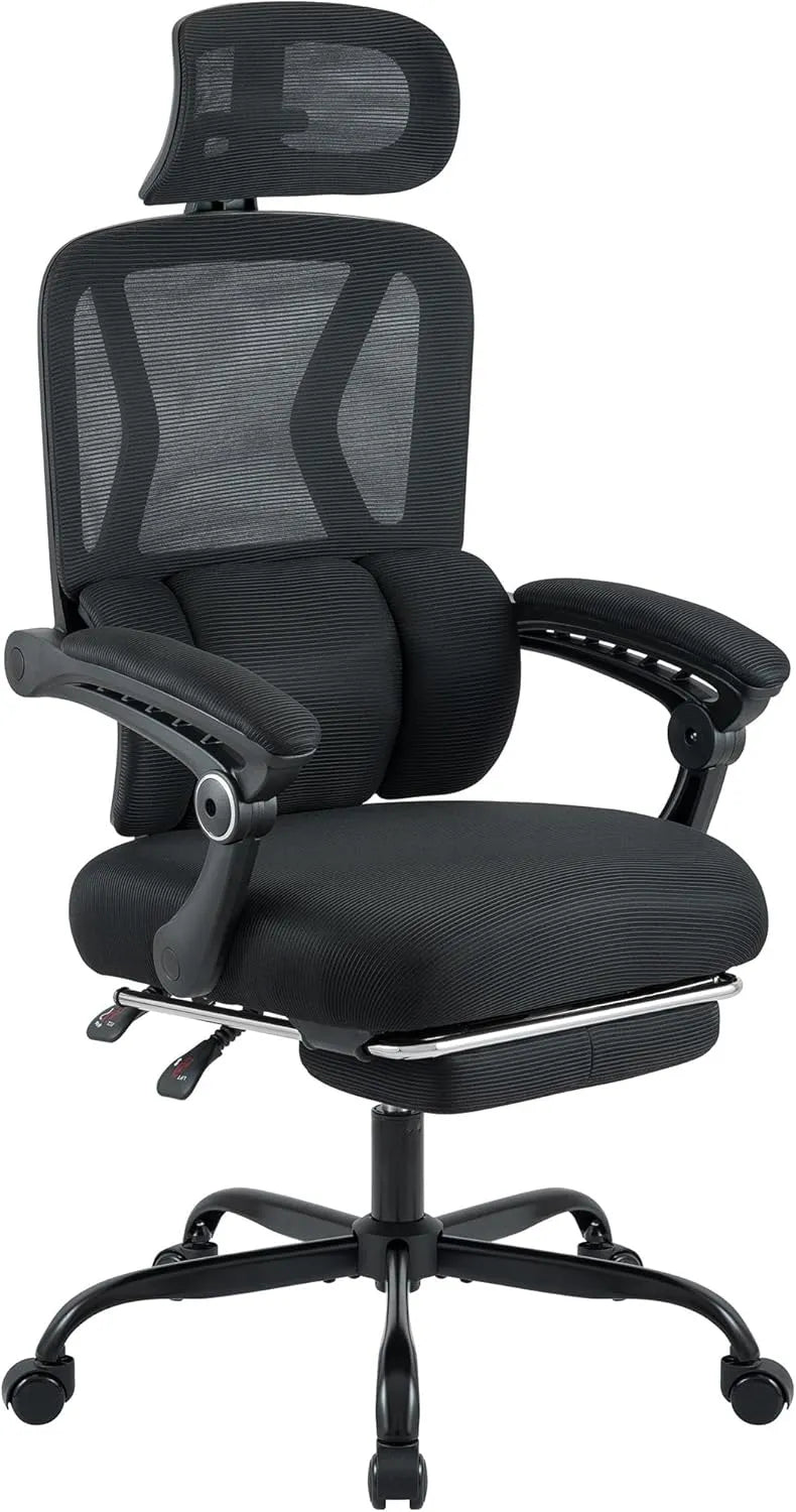 Chaise de Bureau Ergonomique avec Repose-Pieds et Appui-tête, Réglable, Maille Respirante, Noir