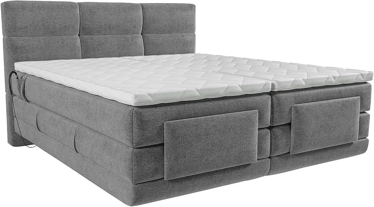 Lit Boxspring Électrique avec Tête de Lit Capitonnée et Surmatelas - 2x90x200 cm - Tissu Gris Clair
