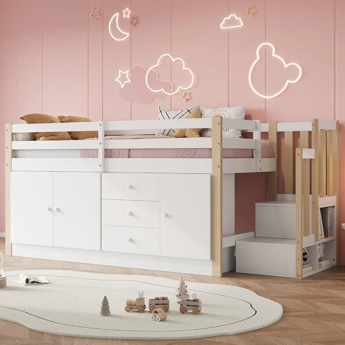 Lit Mezzanine Enfant 90x200cm avec Armoire et Échelle, Espace de Rangement, Blanc et Bois