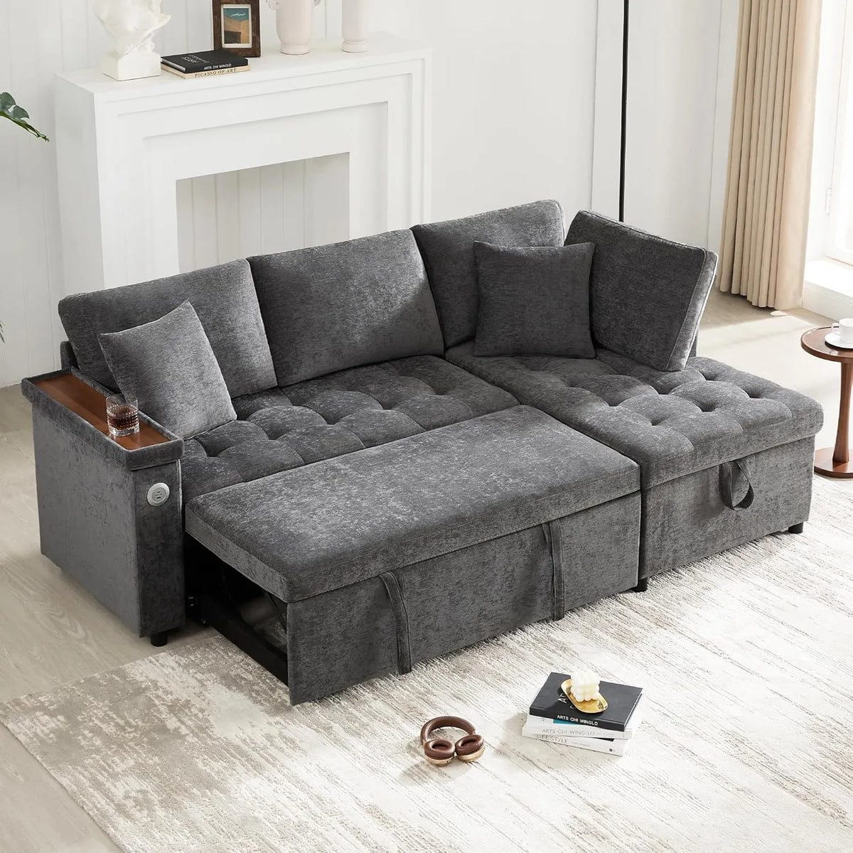 Canapé d'Angle avec Lit, Chargeur USB et Rangement Accoudoir, 3 Places, Design Moderne, Tissu Chenille Gris