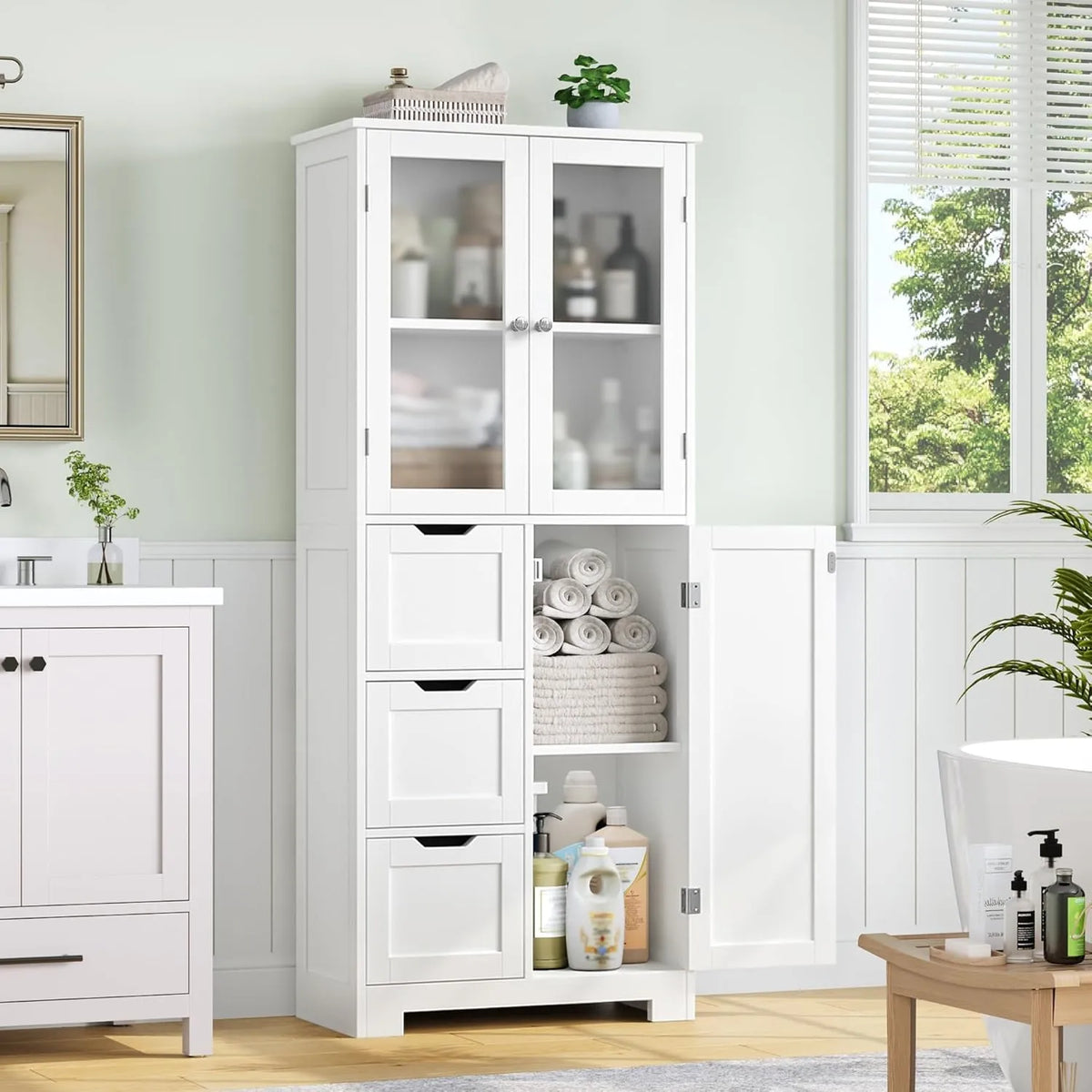 Armoire de Salle de Bain avec Tiroirs et Portes, Rangement Haut en Bois pour Salon et Cuisine, 143,2 x 60 x 30 cm, Blanc
