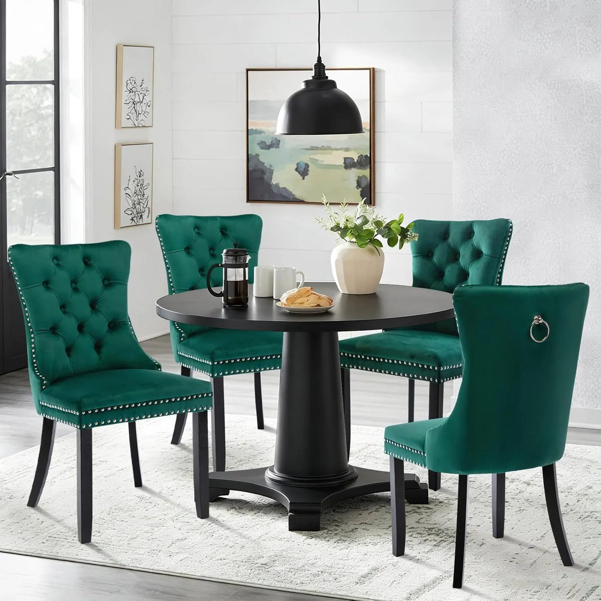 Lot de 4 Chaises en Velours Vert avec Dossier Ailé et Rivets