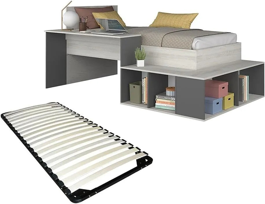 Lit Combiné Enfant 90x200 cm avec Rangement et Bureau - Naturel/Anthracite - Sommier Inclus