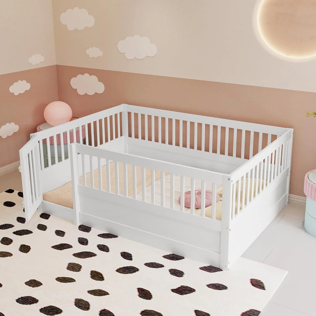 Cadre de Lit Montessori 140x200 cm avec Barrières de Sécurité pour Enfants, Couleur Blanche