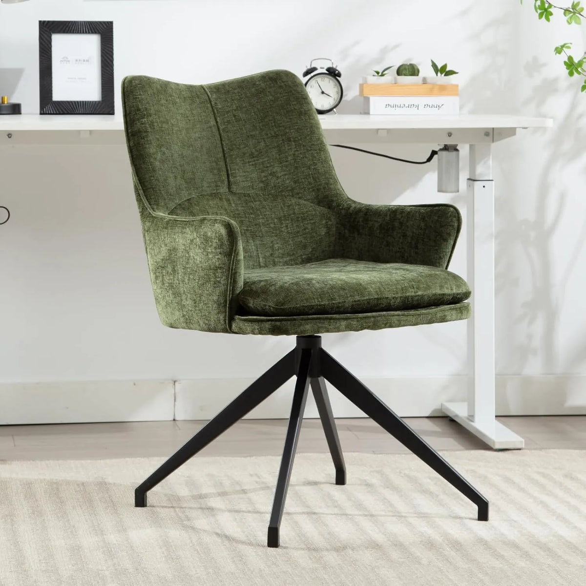 Chaise de Bureau Ergonomique Vert en Chenille avec Pieds Métalliques